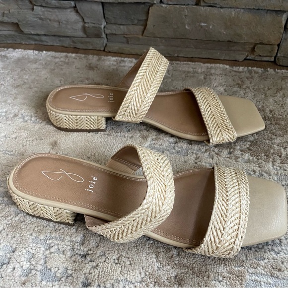 Joie Cherish Slide Sandals Open Toe Heels Short Heel Raffia Cream Beige Tan: 9.5 - Picture 5 of 8
